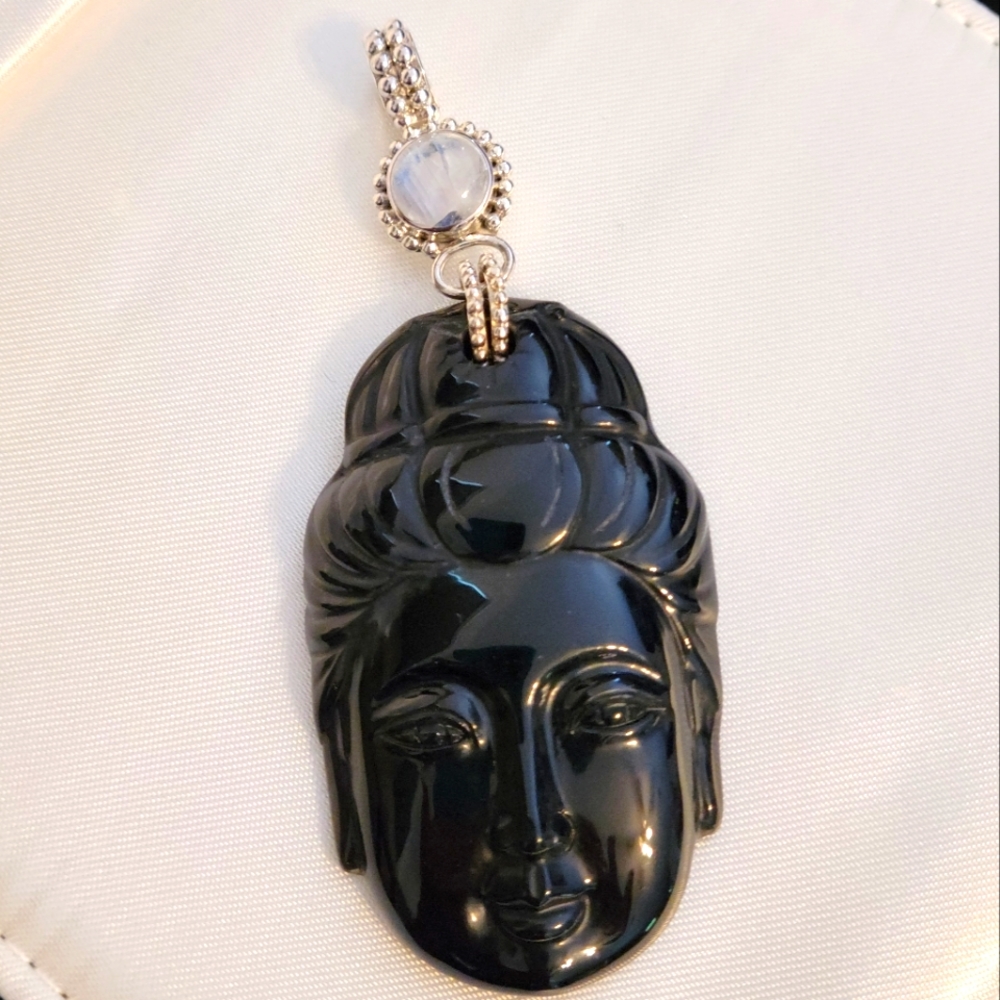 Sajen 4 inch carved pendant obsidian? Moonstone? 925 Sterling Silver.